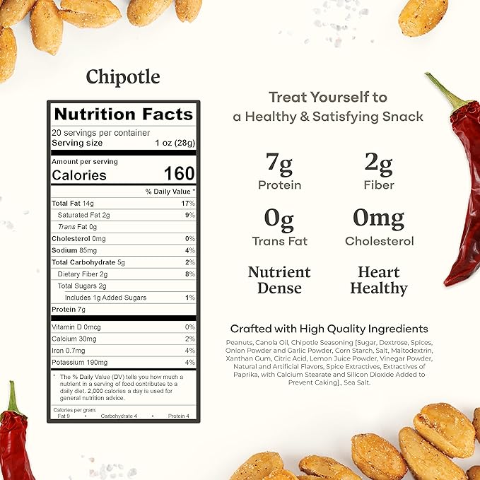 Belmont Peanuts Gourmet Chipotle & Sea Salt Virginia Peanuts, 20 oz (1 Pack) ??Simple Ingredients, No Preservatives, 7g Protein ??A Spicy, Salty, Crunchy, Hand Seasoned Snack