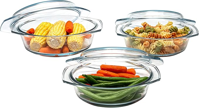 Simax Casserole Dish Set, Set of 3 Casserole Dish with Lid, Round Glass Cookware, Borosilicate Glass, Made In Europe 0.75 Quart, 1 Quart and 1.5 Quart Baking Dishes??,<div>