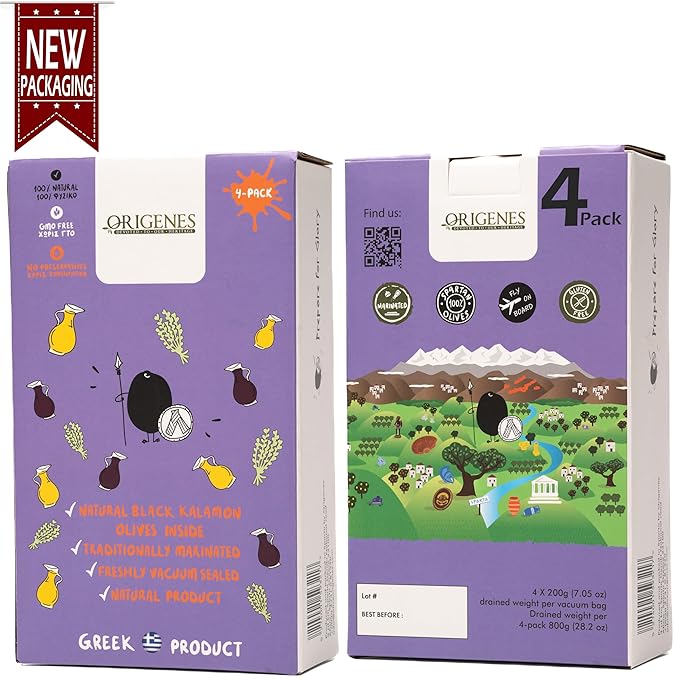 Pack of 4 Kalamon Olives in Vacuum Pack, Kalamata Olives with Greek Oregano and Red Wine Vinegar, Freshly Sealed Olives Kalamata with Extra Virgin Oil 4X200g