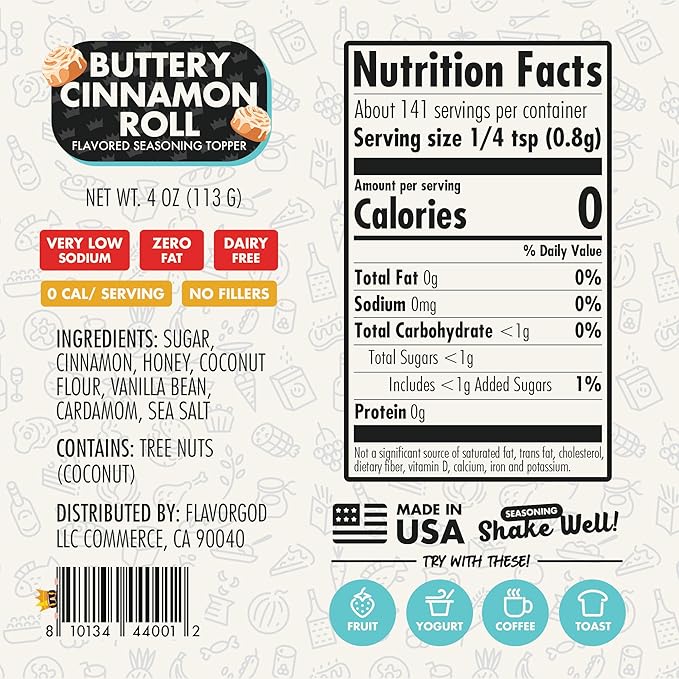 Flavor God 2 Bottles Buttery Cinnamon Roll Seasoning Topper Mix, Natural Healthy Blend, Bread, Pudding, Coffee Sprinkles, Oatmeal, Sandwiches & Ice Cream, Low Sodium, Kosher, Gluten Dairy Free