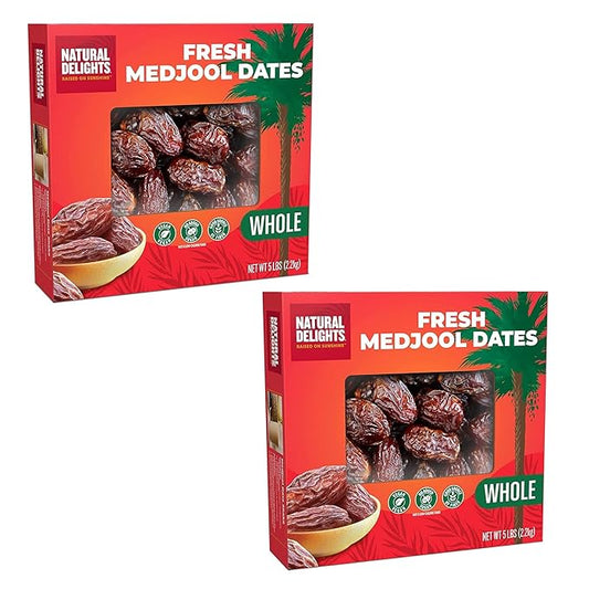 Natural Delights Medjool Dates Whole - Non-GMO Verified Fruit, Good Source of Fiber & Potassium, Naturally Sweet, Snack for On-the-Go, Large & Plump Dates - Bulk 5 lb Box (Pack of 2)