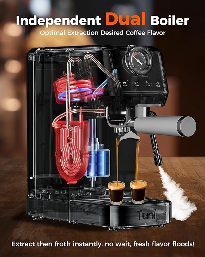 Tuni [?ë«?ë®?ë­?ë®?ë­?ë­?ë­? E2 58mm Dual Boiler Espresso Machine, 20 Bar UKLA Pump Espresso Maker with PID NTC System, Commercial Grade Stainless Steel Semi-automatic Coffee Machine, for Coffee Lovers
