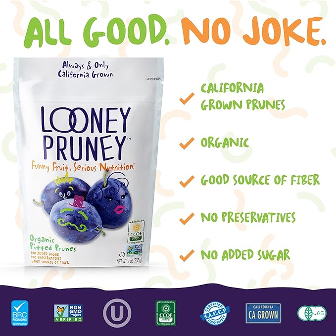 Looney Pruney Organic Pitted Dried Prunes for the Entire Family | Always California-Grown | Kosher | No Added Sugar & No Preservatives (6 pack)