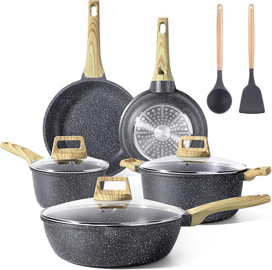 GiPP Pots and Pans Set Non Stick - 10 Pcs White Granite Kitchen Cookware Sets Nonstick Induction Cookware Cooking Pan Set with Frying Pans, Saucepans and Silicone Utensils, PFOS & PFOA Free, Gray