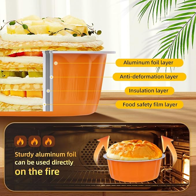 Beasea Ramekins Baking Cups with Lids, 120 Pack 8 oz 4 Inch Mini Disposable Orange Aluminum Foil Creme Brulee Baking Cups Small Round Cupcake Tart Pie Tins Pans Individual Containers Oven Safe