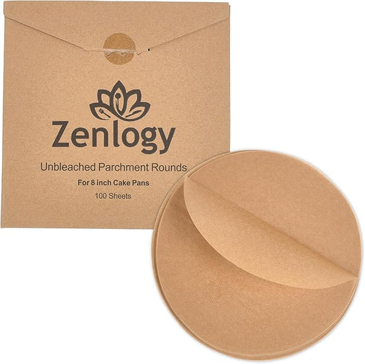 Zenlogy 8 Inch Parchment Paper Rounds (100 Sheets) - Unbleached, Pre-cut, High Heat, Round Liners - Fits 8 inch Round Cake Pans or Great for Freezing, Storing, and Separating
