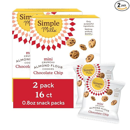 Simple Mills Almond Flour Mini Chocolate Chip Cookie Snack Packs, Gluten Free and Delicious Crunchy Cookies, Organic Coconut Oil, Good for Snacks, Made with Purposeful Ingredients, 8ct (Pack of 2)