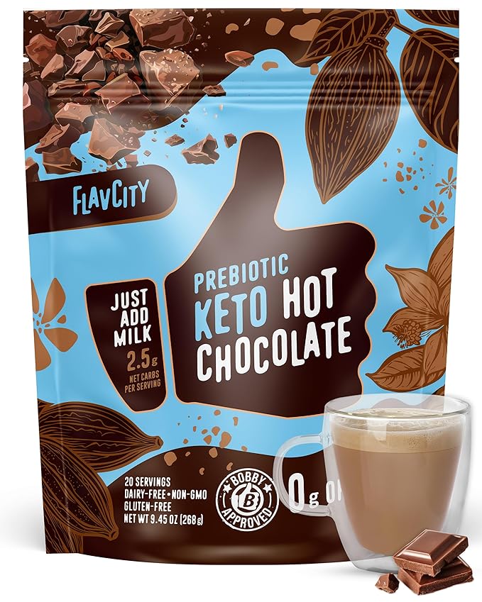 FlavCity Prebiotic Keto Hot Chocolate Mix - Vegan, Sugar & Dairy-Free Hot Chocolate - High Fiber, Low-Carb - 45 Calories per Serving - With Organic Cocoa & Coconut Milk Powder (20 Servings)