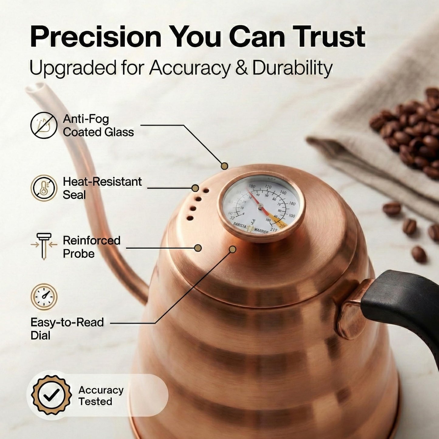 Barista Warrior Gooseneck Kettle with Thermometer - 1.2L Pour Over Coffee & Tea Kettle, Copper