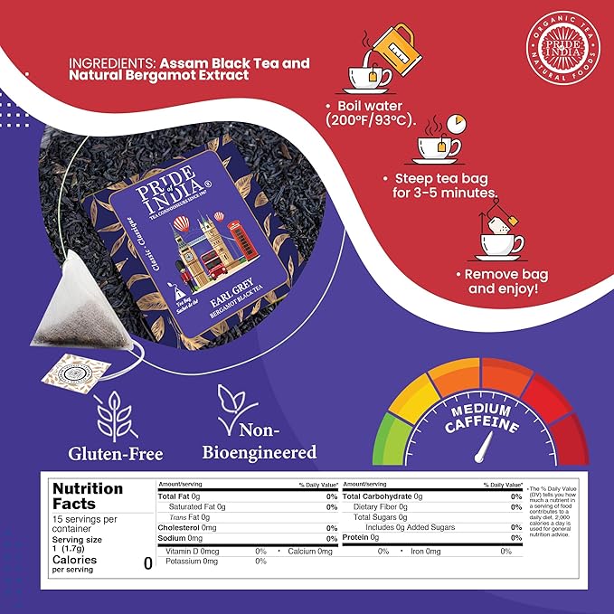 Pride of India | Earl Grey Bergamot Black Tea | 15 Pyramid Full Leaf Individually Wrapped Tea Bags | Full-Bodied, Citrusy Flavor | Single Estate Certified Tea | High Caffeine, Non-Bioengineered