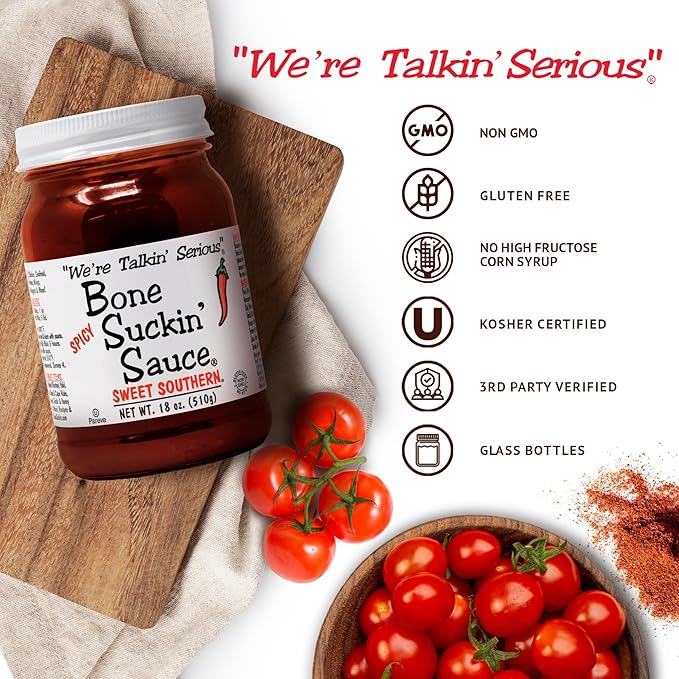 Bone Suckin' Sauce Sweet Southern BBQ Sauce, Gluten-Free, Non-GMO, Kosher, Sweetened with Cane Sugar & Molasses, All-Purpose Barbecue Sauce, For Ribs, Chicken, Pork, Beef (3 Count, Spicy Sweet Southern)