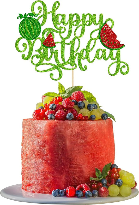 1 Pack Happy Birthday Cake Topper Glitter Watermelon Cupcake Pick Baby Shower Watermelon Fruit Kids Birthday Party Cupcake Decoration Supplies