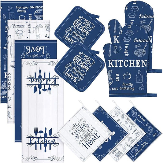 Bencailor 12 Pcs Farmhouse Kitchen Decor Sets, 8 Blue Kitchen Dish Towels 2 Pot Holders 2 Oven Mitts Glove, Rustic Hand Towels and Dishcloths Sets for Home Decorations Accessories Christmas Mom Gifts