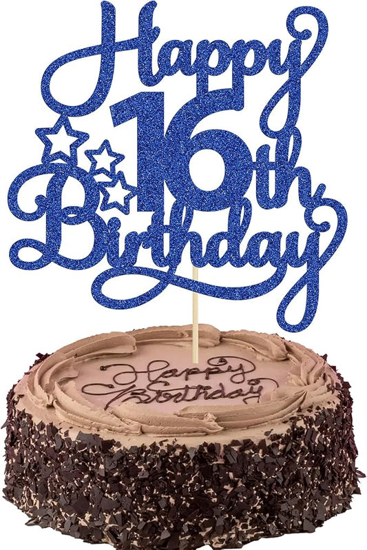 1 Pack Happy 16th Birthday Cake Topper Glitter Sweet 16 Cake Pick Birthday 16th Birthday Cake Decorations for Children 16th Theme Party Supplies Blue