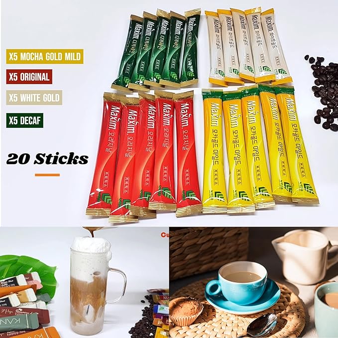 Korean Instant Coffee Mix Variety 20 Sticks (4 Types) Maxim Instant Single Serve Mocha White Decaf Original Flavors (5 Sticks Each)