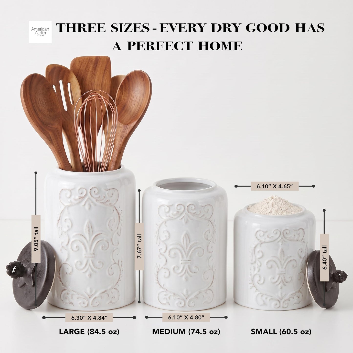 American Atelier Fleur de Lis White Canister Set 3-Piece Ceramic Jars in 84.5oz, 74.5oz, & 60oz