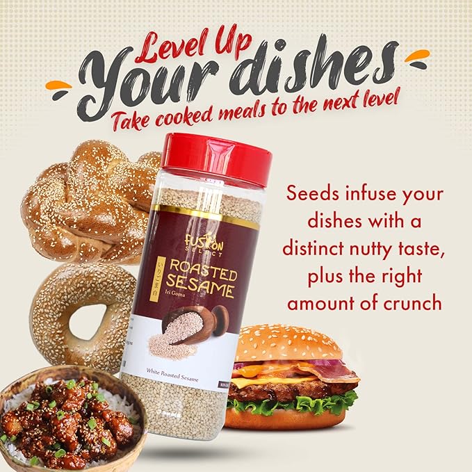 Fusion Select Roasted White Sesame Seeds - Natural Toasted Sesame Seeds - Crispy, Crunchy, Nutty Taste for Asian, Mediterranean & Middle Eastern Cuisine - Salad, Soup, Noodle & Sushi Topping