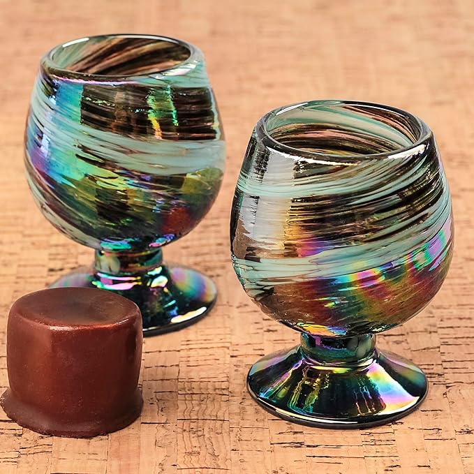 Authentic Mexican Tequila Hand Blown Shot Glasses - Set of 4-2 oz - Mini Glass Snifters - Heavy Base - Cognac (Aurora Borealis)