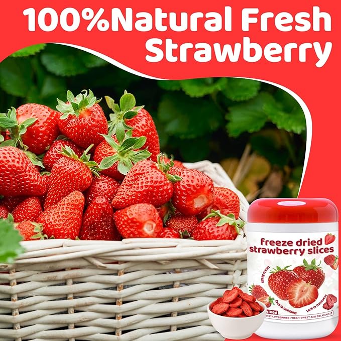 Freeze-Dried Strawberry Slices 5.6oz Jar - 100% Natural Crispy Strawberry Fruit Snack, Vegan, Non-GMO, Dried Berry for Baking, Smoothies, Yogurt & Oatmeal Topping (160g)