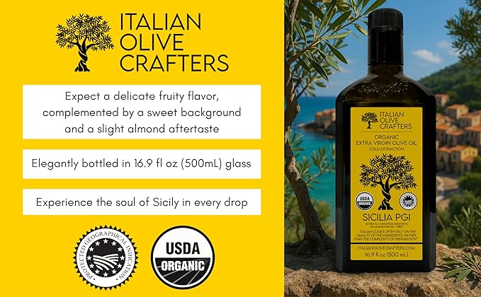 Italian Olive Crafters, Polyphenol Rich Organic Extra Virgin Olive Oil, 16.9 fl oz - Organic Olive Oil Extra Virgin Cold Pressed Glass Bottle