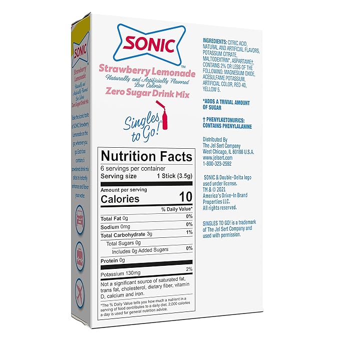 Sonic Singles To Go Powdered Drink Mix, Strawberry Lemonade, 6 Sticks Per Box, 12 Boxes (72 Sticks Total)