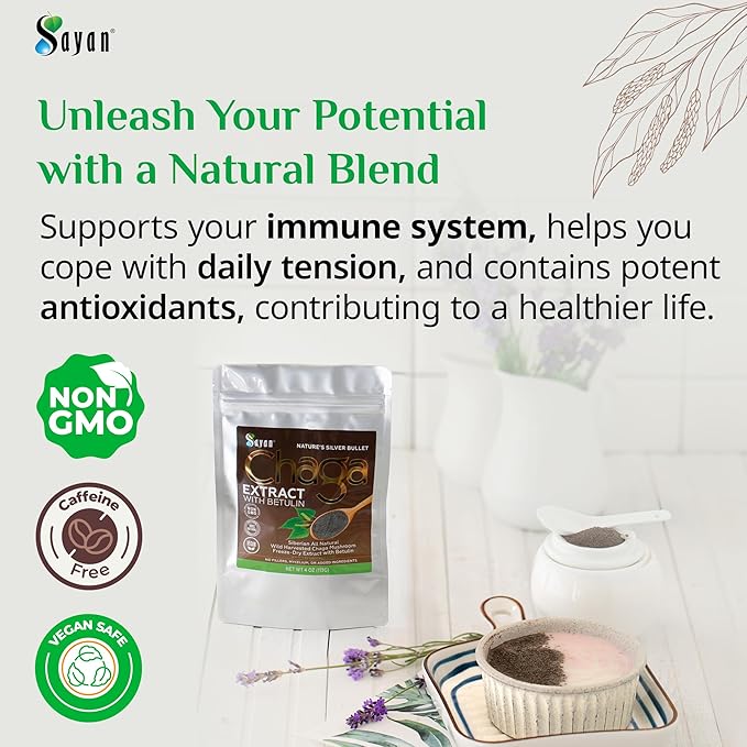 Sayan Siberian Chaga Mushroom Extract with Betulin Powder (2 oz) ??Organic Antioxidant Blend ??Support Immune System & Regulate Body Functions, Energy, Clarity, Wellness ??Mix with Yogurt or Smoothies