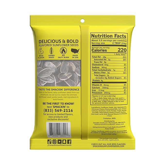 SMACKIN' - Jumbo Roasted Sunflower Seeds, No Salty Burn, American Made, Easy Pour & Seal - Garlic Parmesan, 4oz bag (12 Bags)