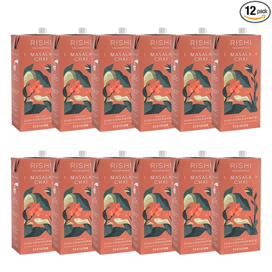 Rishi Tea Masala Chai Latte - Organic Black Tea Concentrate, Easy-to-Serve Hot or Iced Chai Mix - 32 fl oz Carton, 8 Servings (Pack of 12)