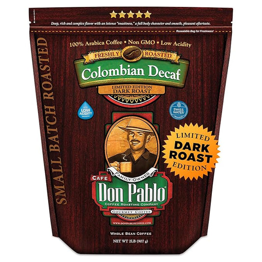 Don Pablo Colombian Decaf - Limited Edition Dark Roast Gourmet Coffee, Swiss Water Process Decaf, 100% Arabica Whole Bean, Non-GMO, Low Acidity, 2 Pound (2 lb) Bag