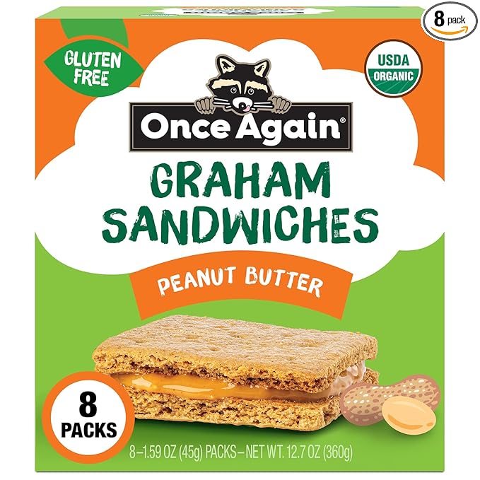 Once Again Peanut Butter Crackers Graham Sandwiches - Gluten Free Graham Crackers with Organic Peanut Butter Filling - Vegan, Organic Snacks for Kids - Lunch Snacks Individually Wrapped, 8 Count