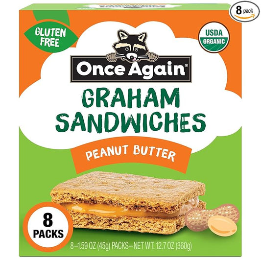 Once Again Peanut Butter Crackers Graham Sandwiches - Gluten Free Graham Crackers with Organic Peanut Butter Filling - Vegan, Organic Snacks for Kids - Lunch Snacks Individually Wrapped, 8 Count