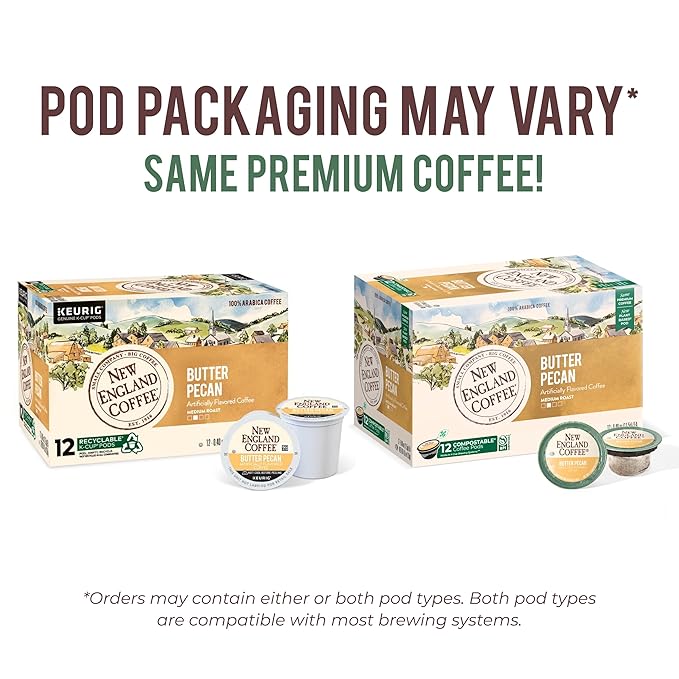 New England Coffee Butter Pecan Medium Roast Single Serve Pods, 12ct Box (Pack of 6)