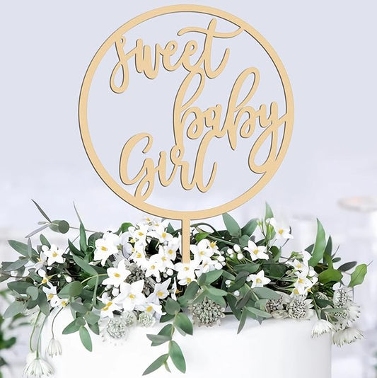 Sweet Baby Girl Cake Topper - Wooden Baby Shower Cake Decorations for Girls - Baby Shower Cake Topper for First Birthday/Gender Reveals Party, Photo Booth Props