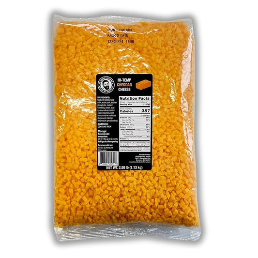 Bearded Butchers High-Temp Cheddar Cheese 2.5 lbs ??Shelf-Stable 1/4" Cubes for Up to 25 lbs of Meat, 400째F High-Temperature Cheese ??Ideal for Sausage Making, Brats, Snack Sticks, Burgers, and More
