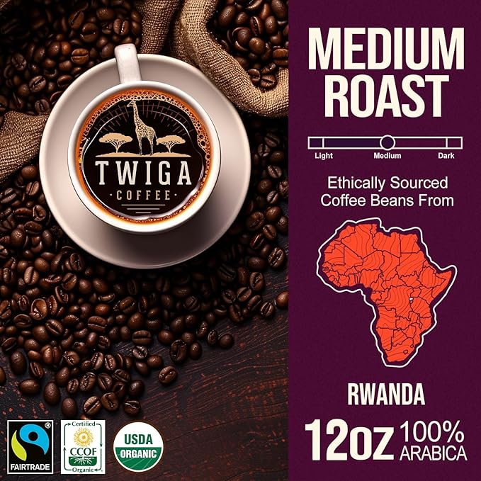 Twiga Coffee Rwandan Whole Bean ??Organic Medium Roast Arabica with Caramel, Cinnamon & Citrus Flavor Notes ??Single Origin Fresh Roasted Rwandan Coffee for a Smooth, Bold Cup ??12 oz
