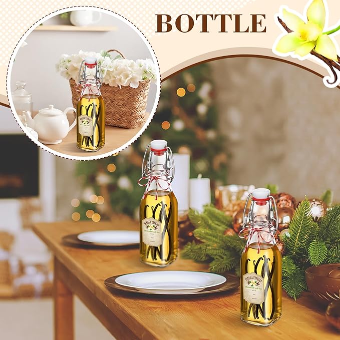 Uiifan 12 Pcs 8 oz Swing Top Clear Square Glass Bottles for Vanilla Extract with Caps and Cotton Twines Label Flip Top Glass Beer Bottle for Home Vanilla Brew Oil Vinaigrettes Beer Tea Supply