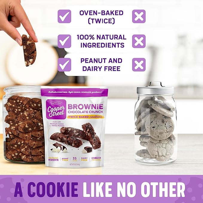Cooper Street Italian Biscotti Cookies - Twice Baked Biscotti Style Cookie Biscuits in Delicious Brownie Chocolate Crunch | Crispy, Light and Healthy Cookies | Peanut & Dairy Free | 1.25oz - 24 Pack
