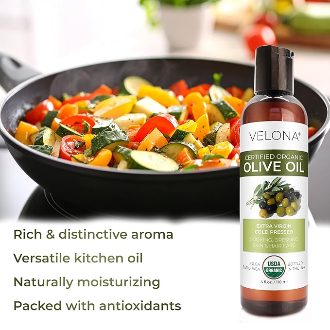 velona USDA Certified Organic Olive Oil - 4 Fl Oz | 100% Pure and Natural Carrier Oil | Extra Virgin, Unrefined, Cold Pressed | Cooking, Dressing, Face, Hair, Body & Skin Care | Use Today - Enjoy Results