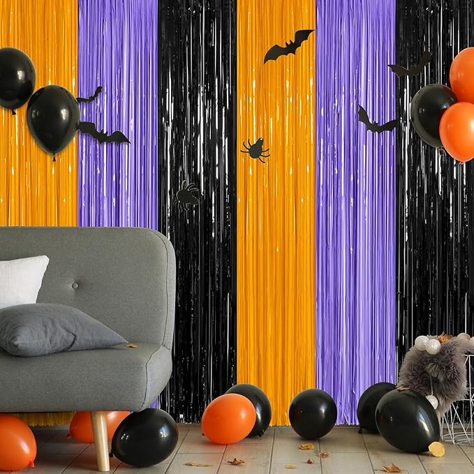 12 Pack Halloween Decor, 3.28 FT x 7.05 FT Orange Purple Black Fringe Curtains, Funny Wall Backdrop Photo Booth Backdrop Party Streamer, Halloween Foil Decorations Photo Booth Props
