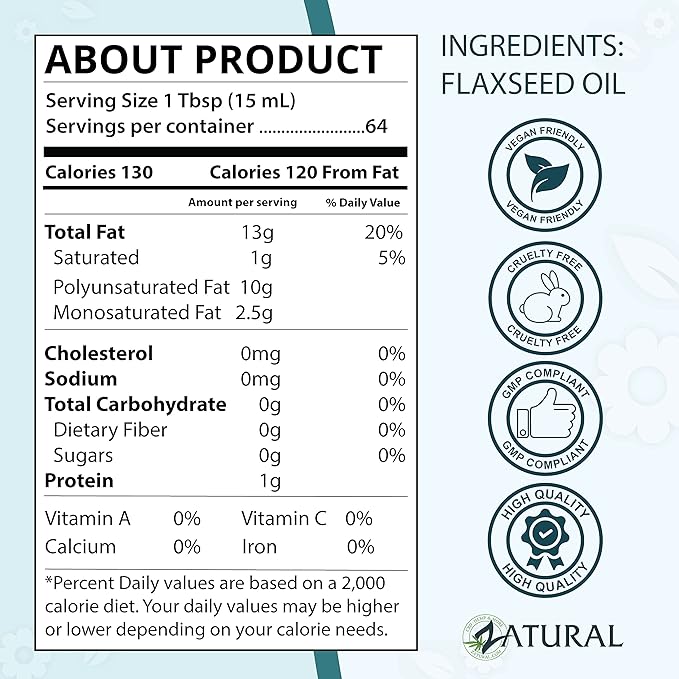 Zatural Flaxseed Oil Naturally Grown 100% Pure Flax Seeds Cold Pressed Vegan Omega Fatty Acids 16oz