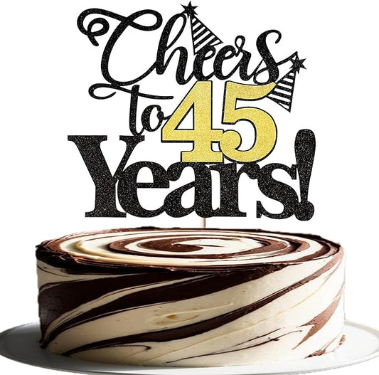 Rsstarxi 1 Pack Cheers to 45 Years Cake Topper Glitter Forty Five Years Old 45th Birthday Cake Pick 45 Fabulous Cake Decorations for Happy 45th Birthday Wedding Anniversary Party Supplies Black