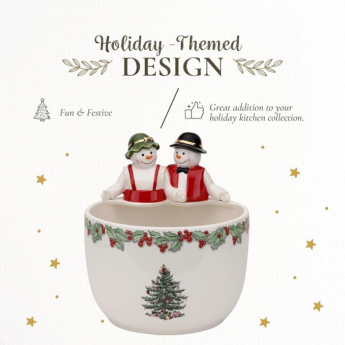Spode Christmas Tree 9-Inch Candy Bowl - Mr. & Mrs. Snowman Decorative Earthenware Bowl for Serving Candy, Nuts, Holiday Treats - Festive Tableware & Charming Holiday Decor - Dishwasher Safe