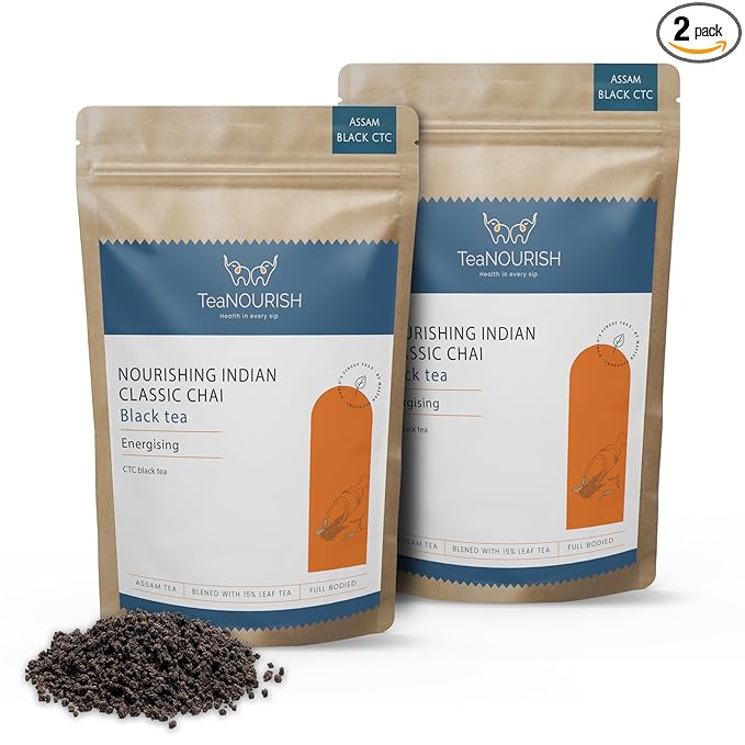 TeaNOURISH Nourishing Indian Classic Chai Tea | Full Bodied Assam CTC Tea Blended with 15% Black Tea Leaves| Freshly Sourced Direct from Origin | 100% NATURAL - 7.05oz/200g (Pack of 2)