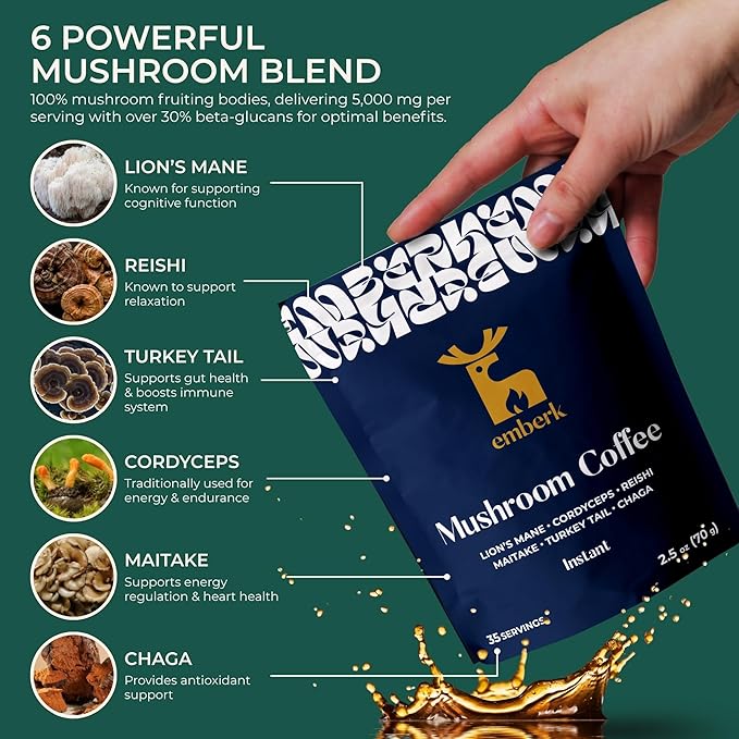 Emberk Organic Instant Mushroom Coffee - 35 Servings of Arabica Coffee with Six 100% Fruiting Body Mushrooms for Mental Clarity, Sustained Energy, Gut Health and Immune Support - 70g