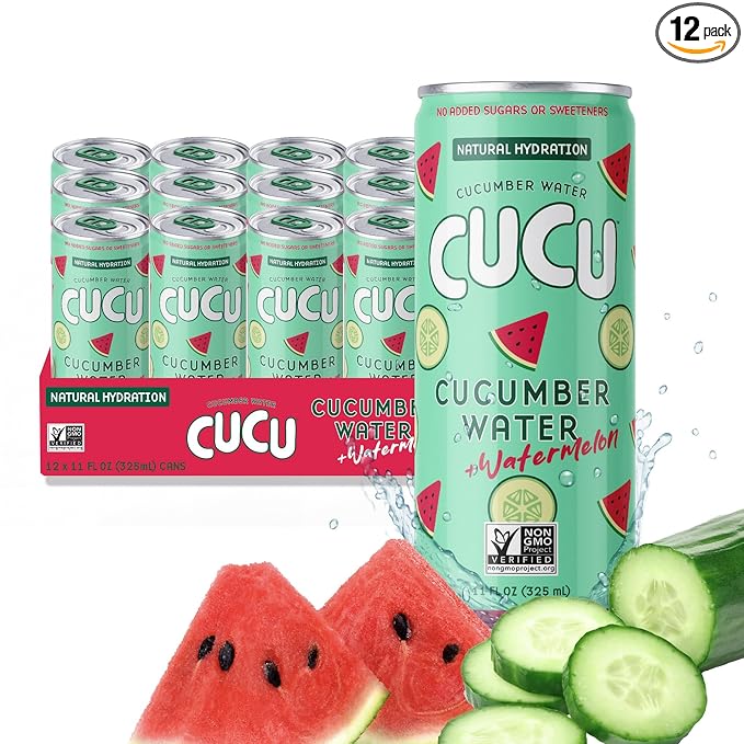 CUCU Cucumber Water + Watermelon Water ??Natural Hydration from Cucumbers with Vitamin C, Electrolytes & Antioxidants ??No Sugar Added, Non-GMO ??12 Pack, 11 fl oz Cans