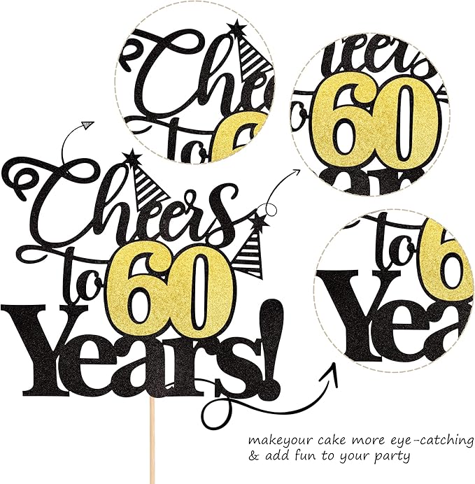 Rsstarxi 1 Pack Cheers to 60 Years Cake Topper Black Glitter Sixty Years Old 60th Birthday Cake Pick Decorations for 60th Birthday Wedding Anniversary Party Supplies