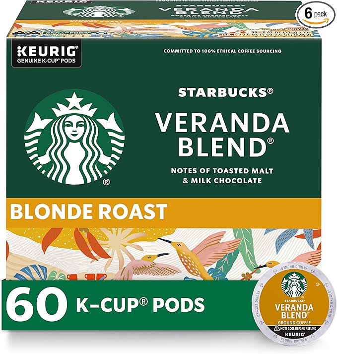 Starbucks K-Cup Coffee Pods, Starbucks Blonde Roast Coffee, Veranda Blend for Keurig Brewers, 100% Arabica, 6 boxes (60 pods total)