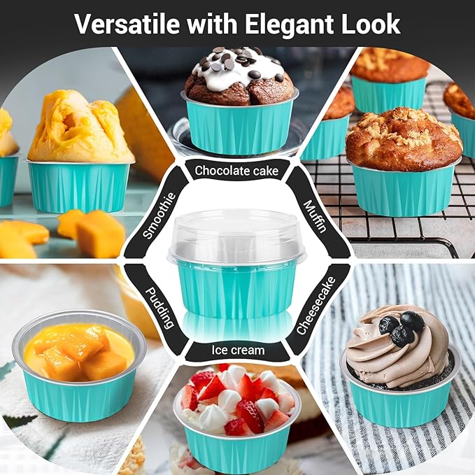 EUSOAR Aluminum Baking Cups with Lids, 30pcs 5oz Disposable Aluminum Foil Ramekins Cupcake Baking Cups Containers Wrappers Dessert Cups with Lids, Mini Aluminum Cheesecake Pan Creme Brulee Ramekins
