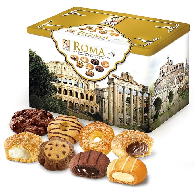 Matilde Vicenzi Roma Cookie Tin - Italian Pastries & Bakery Cookies in Individually Wrapped Trays - Bakery Dessert Gifts - Puff Pastry, Assorted Cookies in Italian Design Gift Tin 32oz (907g)