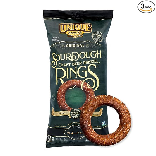 Unique Snacks Sourdough Craft Beer Pretzel Rings, Delicious Homestyle Baked Snack Bag, Vegan, OU Kosher, and Non-GMO Food, No Artificial Flavor, 11 Oz. Bag, Pack of 3